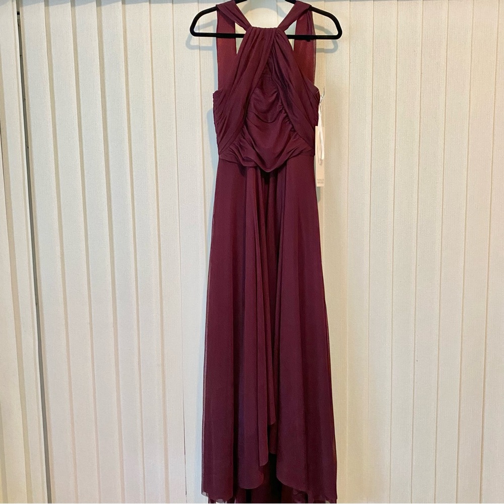 NWT Badgely Mishka burgundy tulle high-low sleeveless evening dress, size 10.